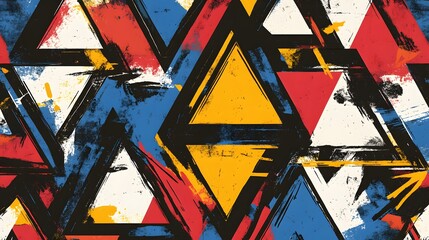 Abstract pattern with triangles and lines in bold primary colors layered with precision