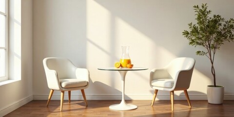 Obraz premium Serene Minimalist Interior Design Featuring Modern Armchairs and Glass Table with Citrus Fruits