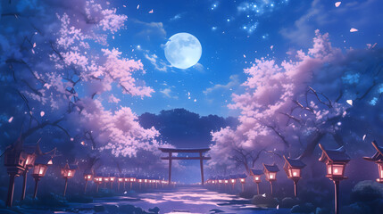 桜 木 月 月光 よる 夜 夜桜 鳥居 はる 春 日本 アニメ风 背景 壁紙