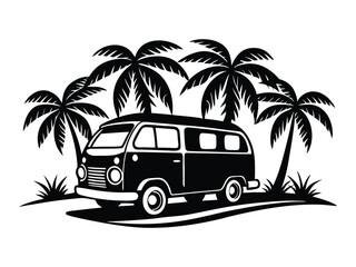 a vintage camper van stylized in a bold black silhouette is depicted amidst lush tropical palm trees