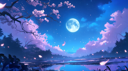 桜 木 月 月光 よる 夜 夜桜 はる 春 日本 アニメ风 背景 壁紙