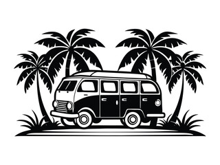 a vintage camper van stylized in a bold black silhouette is depicted amidst lush tropical palm trees