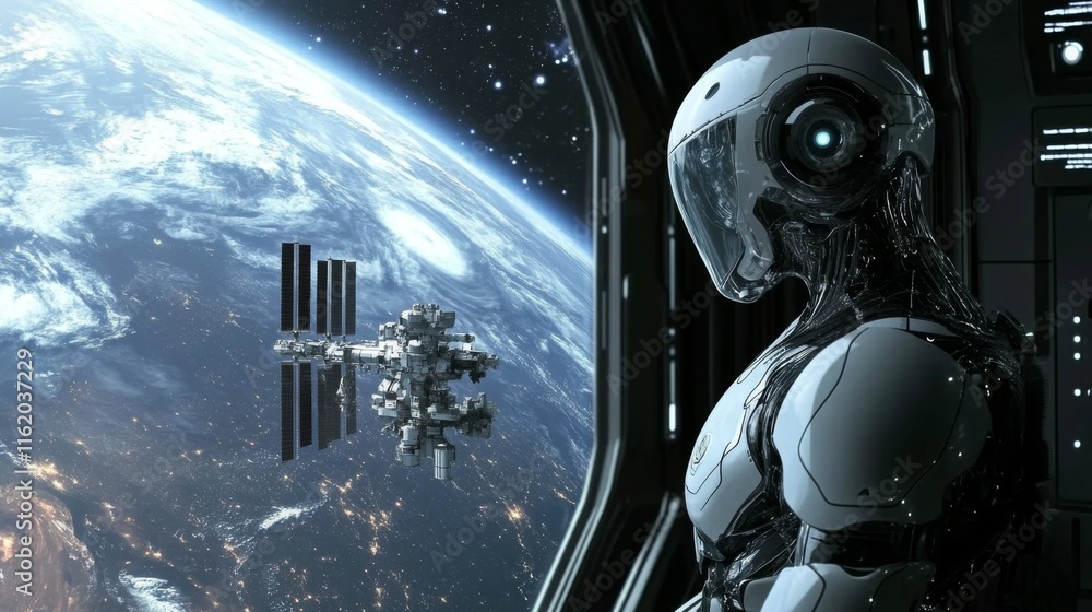 Poster astronaut robot gazing at earth and space station from spacecraft window.