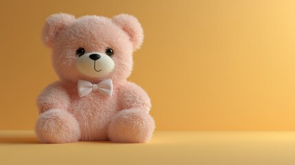 Soft pink teddy bear sitting on a light orange background.