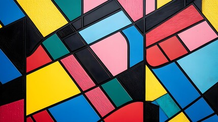 Bold color blocks in primary colors overlapping to create intricate patterns