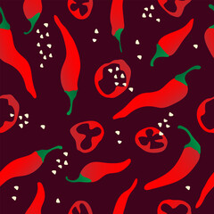 Seamless pattern with hand drawn red chili pepper on brown background. Design for fabric, kitchen decor, wallpaper packaging paper.