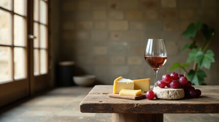 Obraz premium Rustic Still Life Featuring Wine, Cheese, and Grapes on Weathered Wooden Table