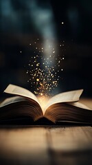 An enchanting open book with magical sparkles, creating a whimsical atmosphere of imagination and stories.