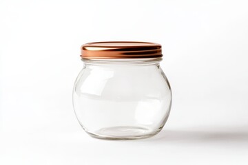 Empty glass jar with copper lid on white background. (1)