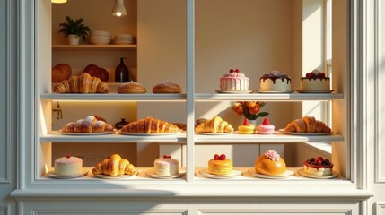 Delightful Display of Freshly Baked Pastries and Exquisite Cakes in a Sunlit Bakery Showcase