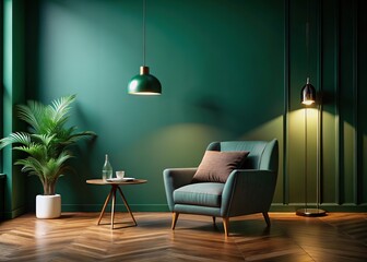 Grainy loft interior, a night shot.  A gray chair, dark green backdrop.