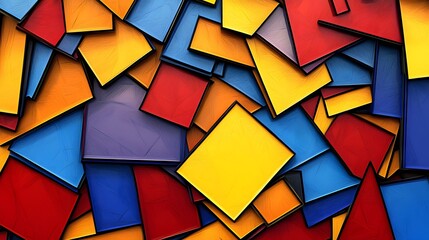 Overlapping rectangles in primary colors arranged in intricate layers