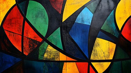 Abstract art with layered lines and shapes in primary colors