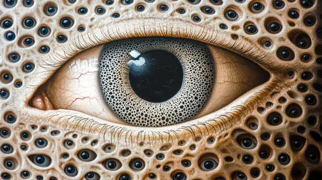 Large eye formed by countless tiny eyes creating a surreal and disturbing scene