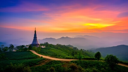 Fototapeta premium Breathtaking and Stunning Sunrise Over a Serene Mountain Pagoda Creates an Idyllic Scene