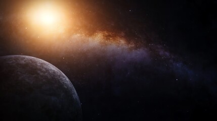 A breathtaking cosmic scene featuring a large planet and a glowing galaxy in the background, showcasing deep space beauty.