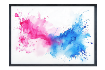 abstract watercolor painting of pink and blue splatters in a black frame on a white wall