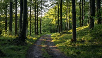 Fototapeta premium Sunlit path through lush green forest.