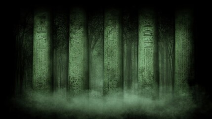 Ancient Pillars in a Mysterious Foggy Forest