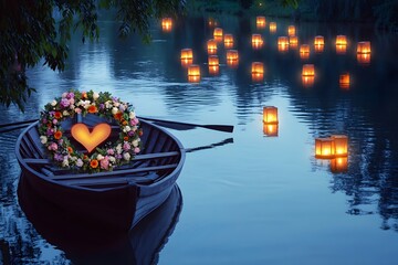 Obraz premium Serene Riverside Scene with Rowboat and Floating Lanterns at Dusk