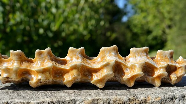 Unique shell resting on a stone surface under clear blue sky surrounded by lush greenery in a tranquil setting