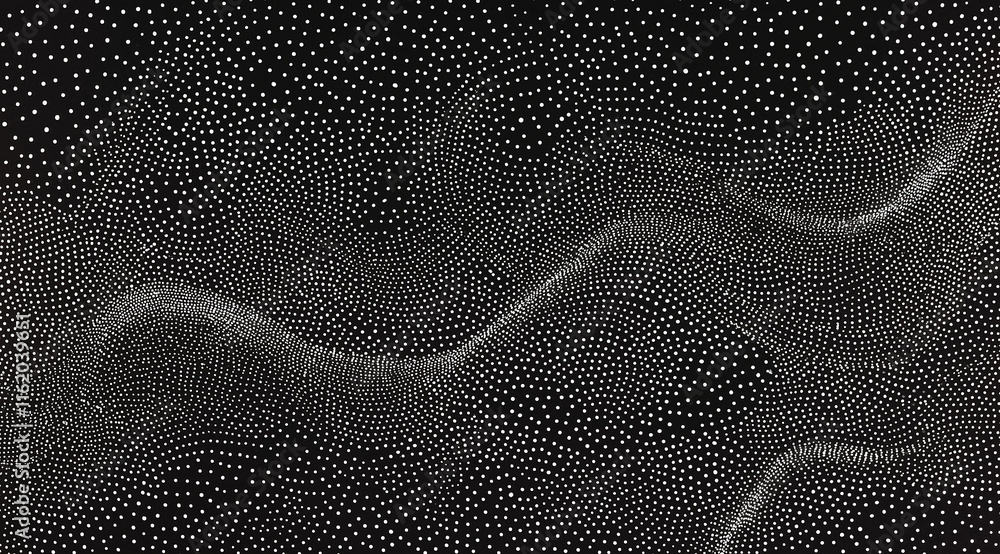 Aufkleber black background with intricate white dot wave resembling digital sound waves or data flow. dense pa