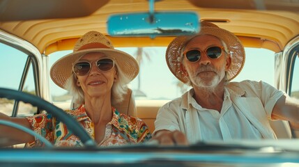 happy caucasian retired couple traveling together in their car on a summer day smiling and enjoying their vacation together