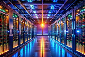 Fototapeta premium Low-light data center, illuminated by servers' soft glow.