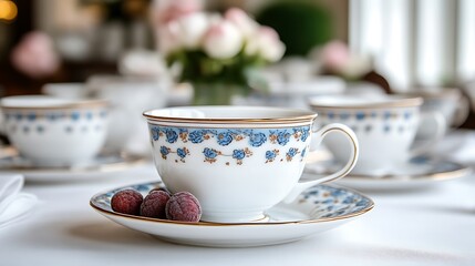 Elegant Teacup Saucer And Berries Set On Table