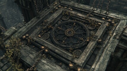 Fototapeta premium Ancient Stonework A Gothic Window Detail Overgrown with Vines