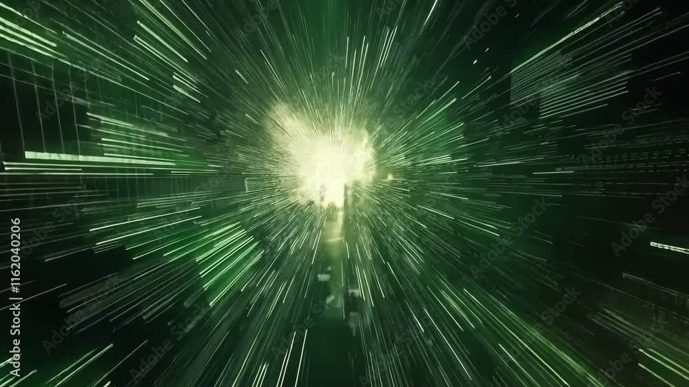 Poster exploration of digital space with green light beams radiating from a central point in a futuristic e