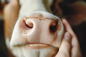 Naklejka premium Close up of human's hand petting a cow's muzzle