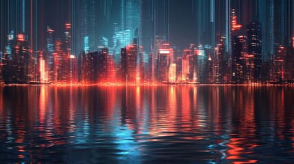 Fototapeta premium Futuristic city skyline reflected in water at night.