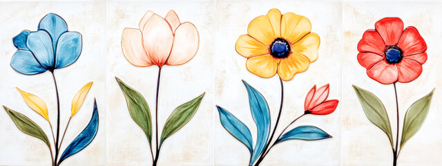 Colorful floral ceramic tiles with hand painted motifs creating a soft pastel artwork