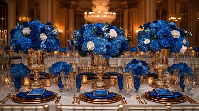 Elegant Wedding Table Setting With Blue Flowers Gold Accents