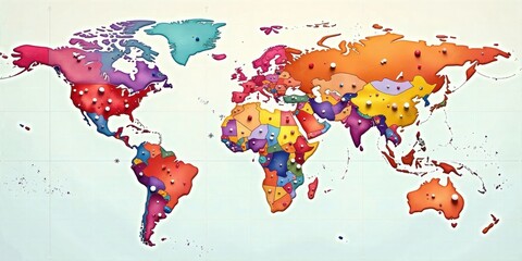 Fototapeta premium Colorful World Map with Push Pins Representing Global Connections and International Collaboration