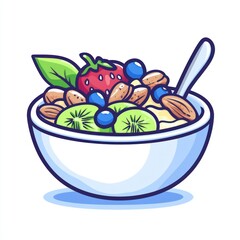 Delicious and healthy breakfast bowl with oatmeal, kiwi, strawberries, blueberries, and almonds.