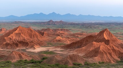 Naklejka premium Atacama Desert's Red Rock Formations and Distant Mountains