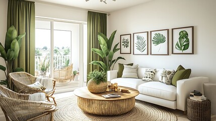Modern living room with white sofa, wicker chairs, green plants, and botanical prints.