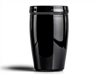 A black travel mug with a black lid on a white background