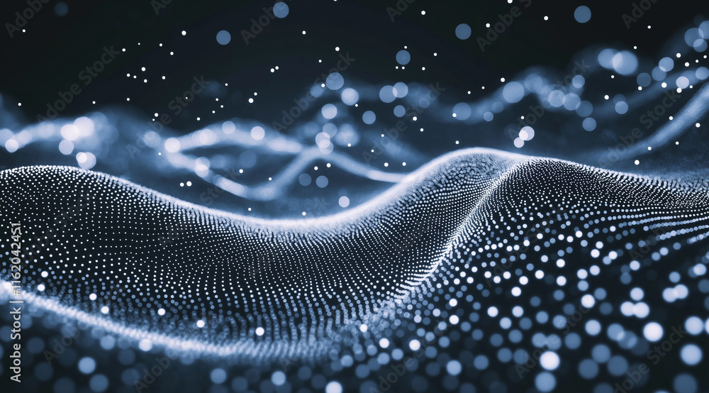 Aufkleber black background with intricate white dot wave resembling digital sound waves or data flow. dense pa