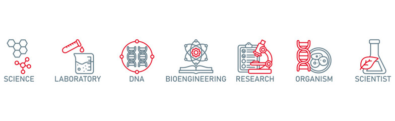 Biotechnology banner web icon vector illustration concept with icon of science, laboratory, dna, bioengineering, research, organism, and scientist