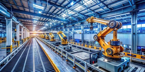 Fototapeta premium Panoramic view of a factory floor, showcasing automated conveyor systems and robots.