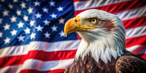 Naklejka premium Patriotic wildlife photography, powerful eagle on Stars and Stripes.