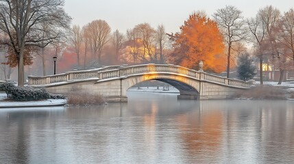 Stone Bridge Spanning Winter Park Pond at Dawn