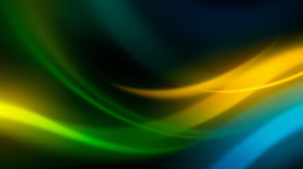 Abstract light trails flowing smoothly in green, yellow, and blue tones