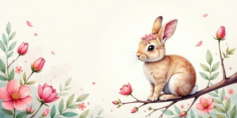 Obraz premium Adorable bunny rabbit sitting on a blossoming branch, surrounded by delicate pink flowers and petals, creating a charming springtime scene.