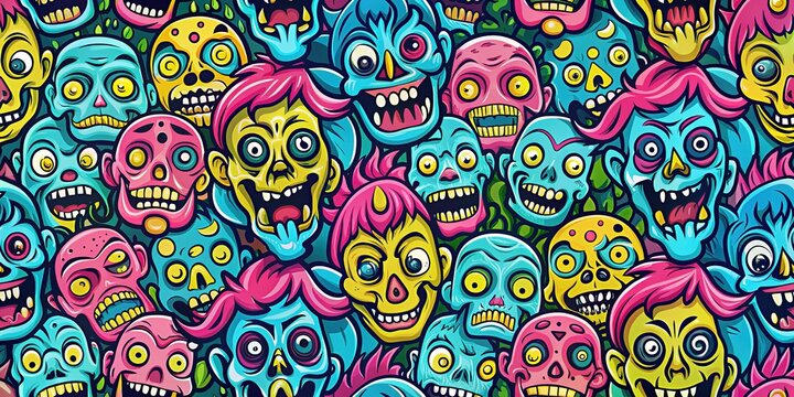 Playful zombie faces in a rainbow of colors.  Repeat design for shirts, flyers, and more.