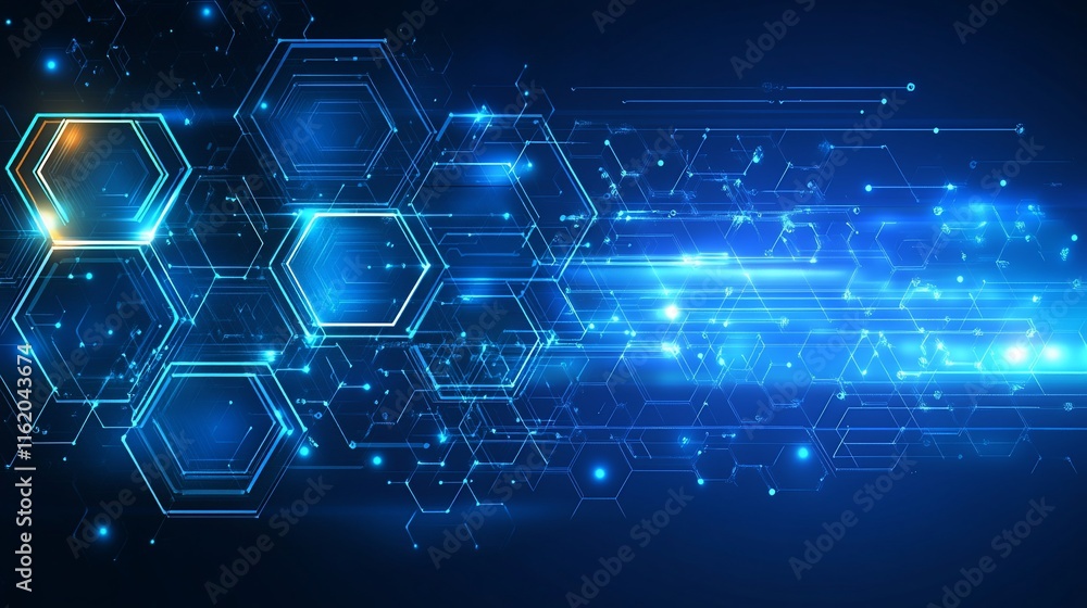 Poster abstract digital background with hexagonal shapes and blue light effects.