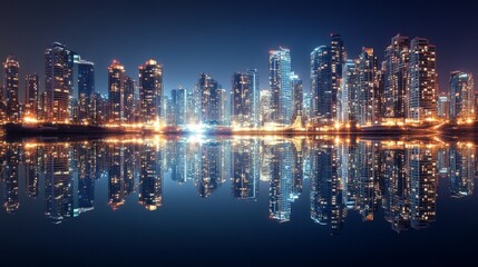 Obraz premium Night cityscape reflecting in calm water.